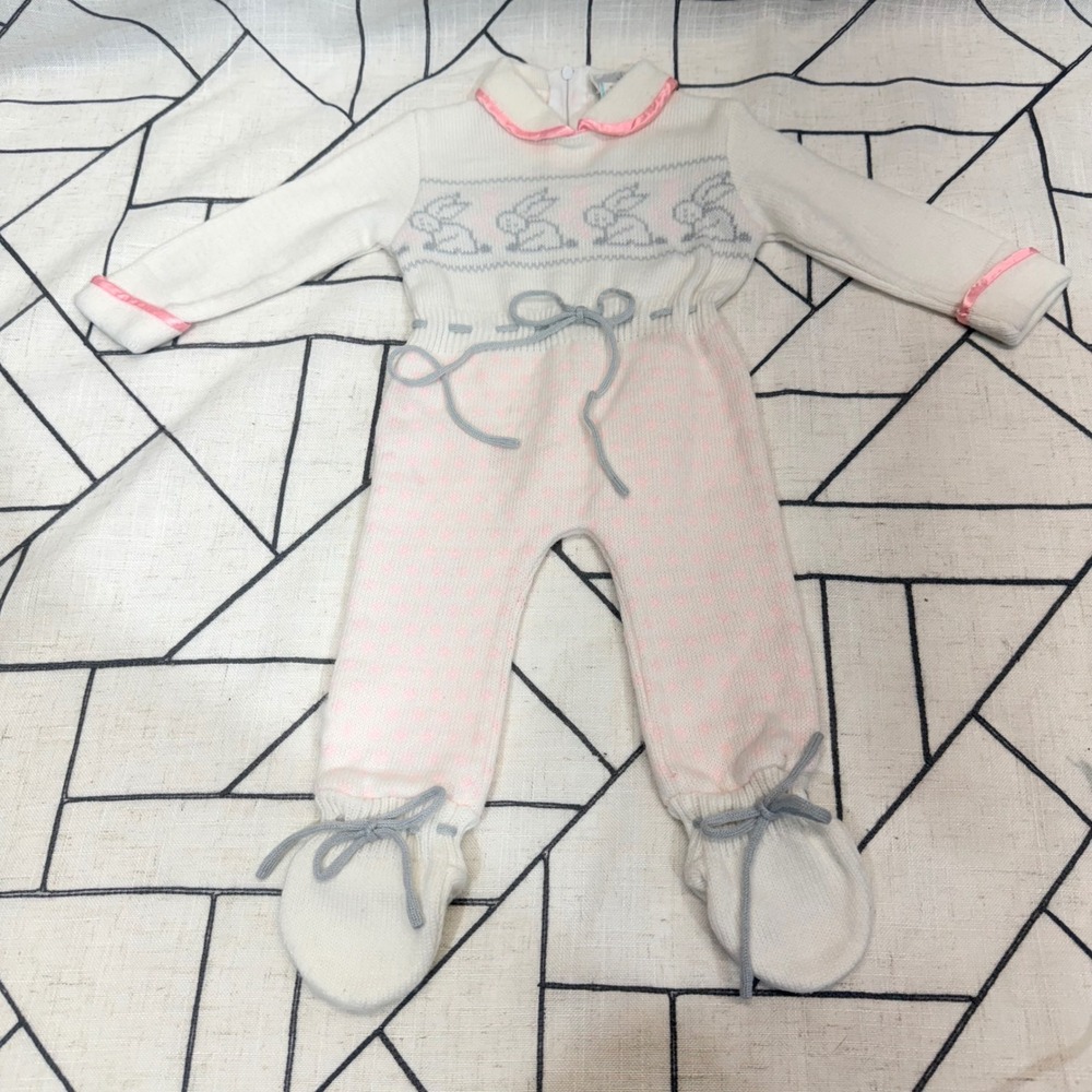 Petit Jouet Vintage Baby Girl Knit Bunny Romper Footie Pink White 6 Months 11137